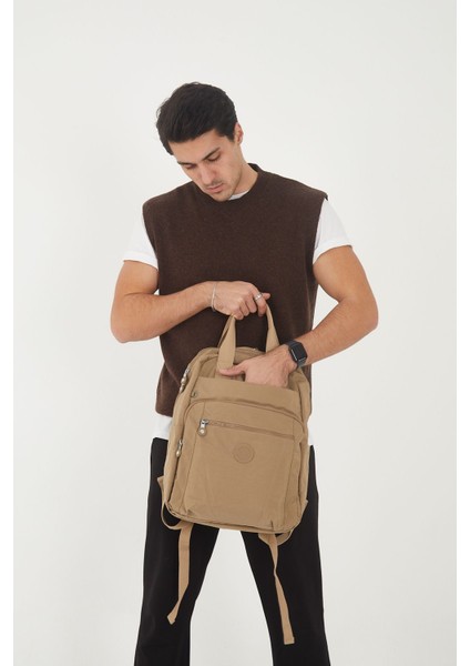 Unisex Suya Dayanıklı Orta Boy Krinkıl Kumaş Çok Gözlü Bej Laptop Okul ve Seyahat Sırt Çantası