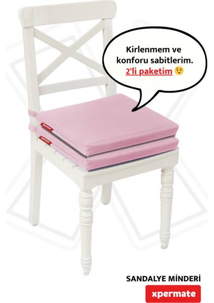 Fermuarlı 2'li Sandalye Minderi Su Itici Kumaş 40X40 cm Sünger Sandalye Minderi Bağcıklı Pembe