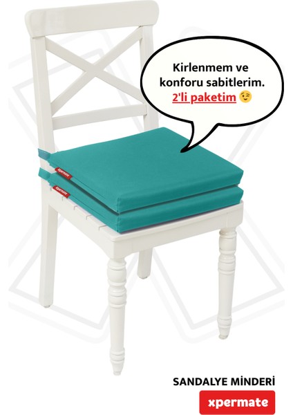 Fermuarlı 2'li Sandalye Minderi Su Itici Kumaş 40X40 cm Sünger Sandalye Minderi Bağcıklı Turkuaz