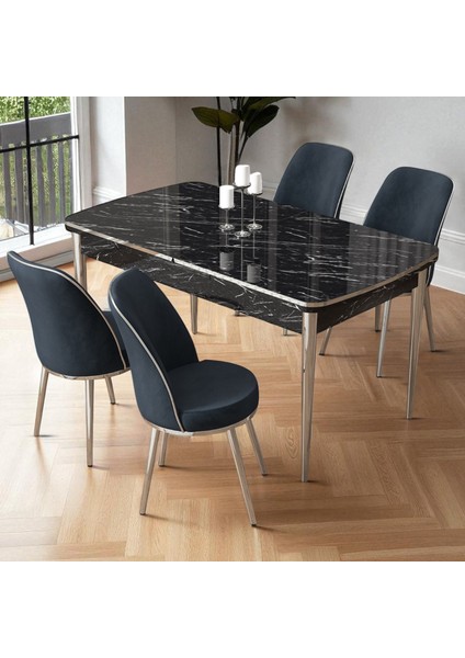 Nira Serisi 70X114 Mdf Siyah Mermer Desen Mutfak Masa Takımı 4 Antrasit Sandalye Krom Detay