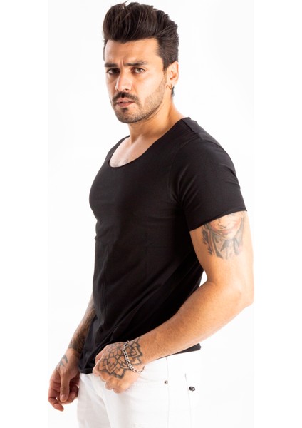 Siyah Geniş Yaka Likralı Tişört Oval Yaka Slim Fit Eteği Oval Açık Yaka T-shirt 1801199 fiyatları