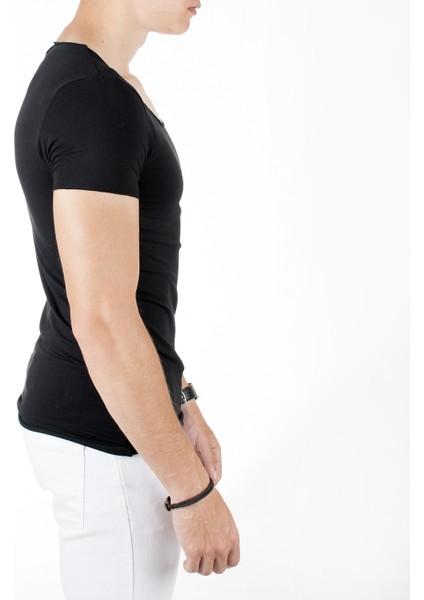 Siyah Geniş Yaka Likralı Tişört Oval Yaka Slim Fit Eteği Oval Açık Yaka T-shirt 1801199 indirimleri