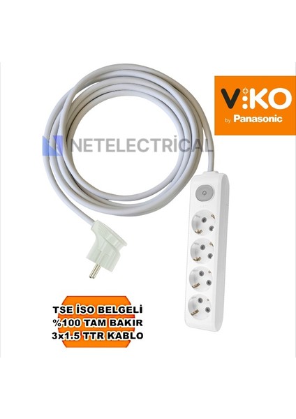 Multi-Let | Dörtlü 5 Metre Anahtarlı Topraklı Yan Fişli Çocuk Korumalı Grup Priz - 4'lü, 5 M, 3x1.5 Ttr (Tam Bakır) Kablolu