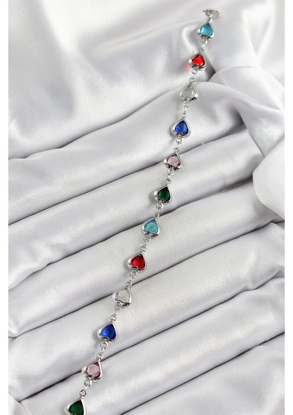 Pirinç Gümüş Renk Karışık Renk Kalp Zirkon Taşlı Kadın Bileklik - Modern Çözüm - Modern Stil fiyatları