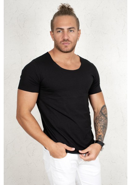 Siyah Geniş Yaka Likralı Tişört Oval Yaka Slim Fit Eteği Oval Açık Yaka T-shirt 1801199 indirimleri