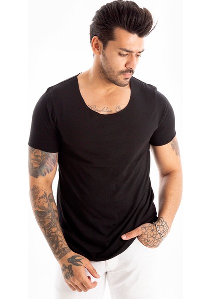 Siyah Geniş Yaka Likralı Tişört Oval Yaka Slim Fit Eteği Oval Açık Yaka T-shirt 1801199