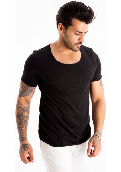 Siyah Geniş Yaka Likralı Tişört Oval Yaka Slim Fit Eteği Oval Açık Yaka T-shirt 1801199 modelleri