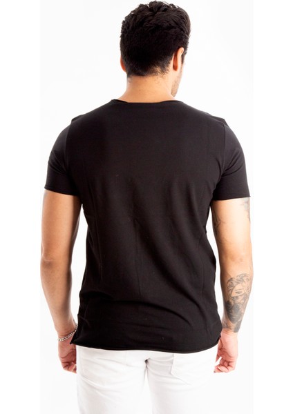 Siyah Geniş Yaka Likralı Tişört Oval Yaka Slim Fit Eteği Oval Açık Yaka T-shirt 1801199 fırsatları
