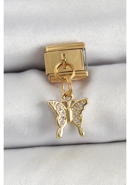 316L Çelik Sallantılı Zirkon Taşlı Kelebek Model Gold Renk Nomination Charm - Modern Çözüm - Zarif T