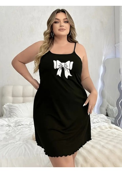 Kadın Kurdela Baskılı Askılı Viskon Gecelik