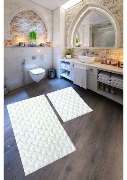 Desenli Tavşan Tüyü Yumuşak 2’li Banyo Paspası – Kaymaz Tabanlı Klozet Takımı Krem