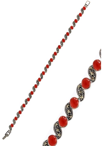 Akik Taşlı Sarmal Model Markazit Kadın Gümüş Bileklik 201024429