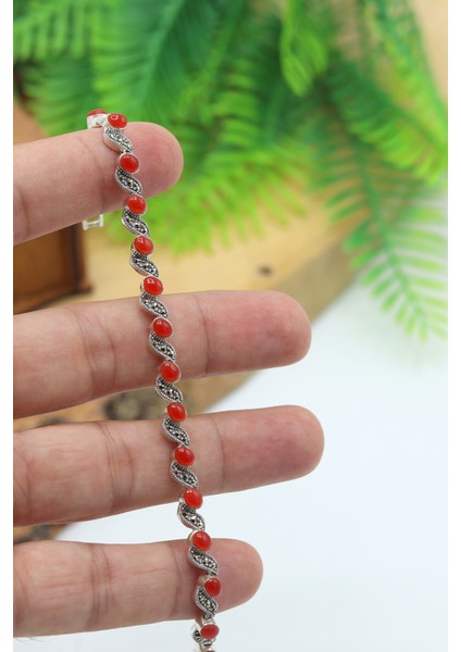 Akik Taşlı Sarmal Model Markazit Kadın Gümüş Bileklik 201024429 modelleri