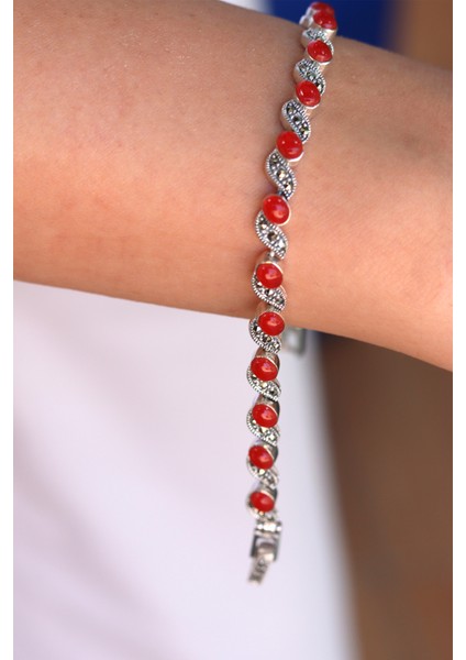 Akik Taşlı Sarmal Model Markazit Kadın Gümüş Bileklik 201024429 fırsatları