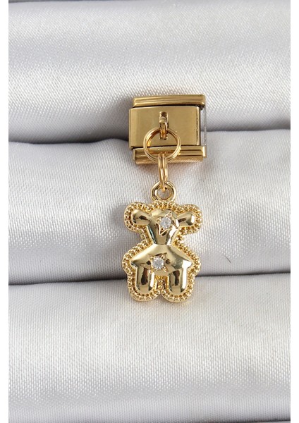 316L Çelik Sallantılı Zirkon Taşlı Ayıcık Model Gold Renk Nomination Charm - Şık Tasarım