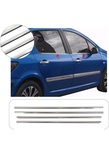 Peugeot 307 Uyumlu 2001-2008 Krom Cam Çıtası 4 Parça Paslanmaz Çelik