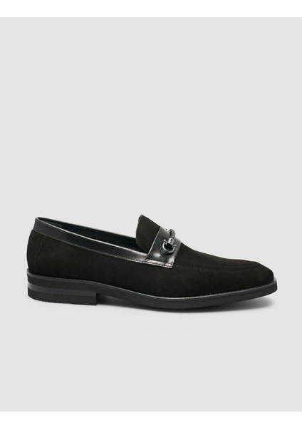 %100 Hakiki Deri Süet Siyah Toka Detaylı Erkek Loafer