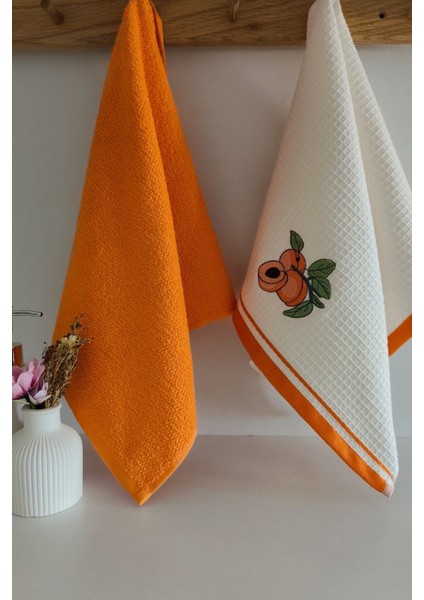 2’li Mutfak Havlusu –%100 Pamuk - Kayısı Nakışlı - 40X60 Cm-Turuncu
