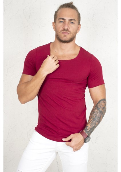 Bordo Geniş Yaka Likralı Tişört Oval Yaka Slim Fit Eteği Oval Açık Yaka T-shirt 1801199