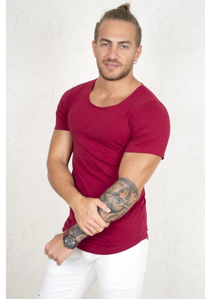 Bordo Geniş Yaka Likralı Tişört Oval Yaka Slim Fit Eteği Oval Açık Yaka T-shirt 1801199 fiyatları