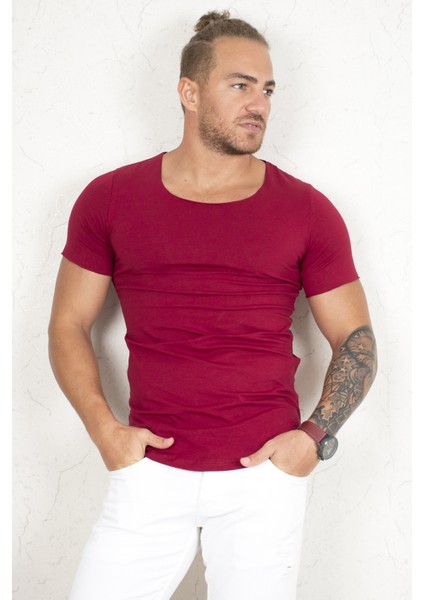 Bordo Geniş Yaka Likralı Tişört Oval Yaka Slim Fit Eteği Oval Açık Yaka T-shirt 1801199 fırsatları