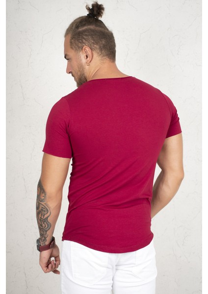 Bordo Geniş Yaka Likralı Tişört Oval Yaka Slim Fit Eteği Oval Açık Yaka T-shirt 1801199 indirimleri