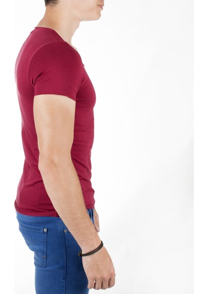 Bordo Geniş Yaka Likralı Tişört Oval Yaka Slim Fit Eteği Oval Açık Yaka T-shirt 1801199