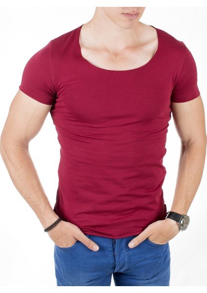 Bordo Geniş Yaka Likralı Tişört Oval Yaka Slim Fit Eteği Oval Açık Yaka T-shirt 1801199