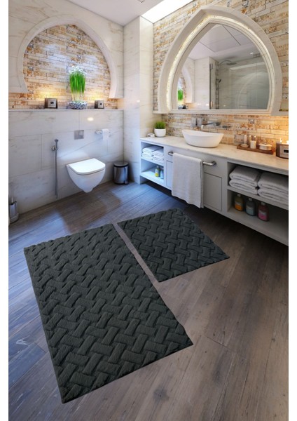 Desenli Tavşan Tüyü Yumuşak 2’li Banyo Paspası – Kaymaz Tabanlı Klozet Takımı Antrasit