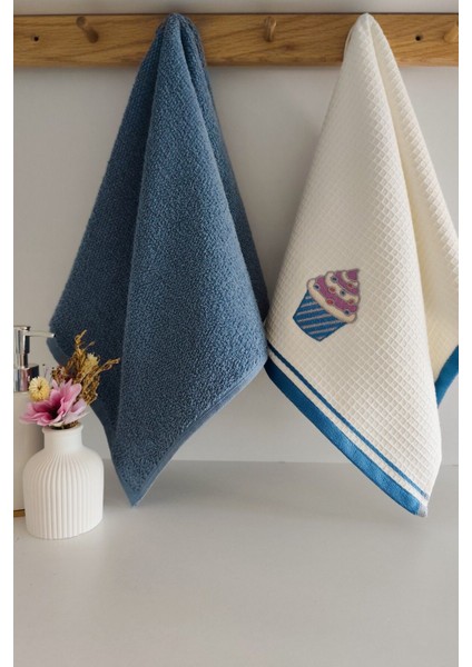 2’li Mutfak Havlusu –%100 Pamuk - Cupcake Nakışlı - 40X60 Cm-Indigo