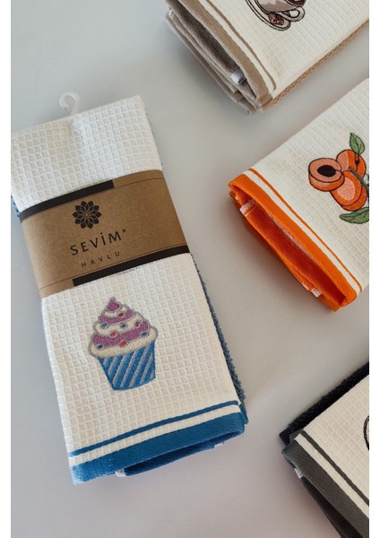 2’li Mutfak Havlusu –%100 Pamuk - Cupcake Nakışlı - 40X60 Cm-Indigo