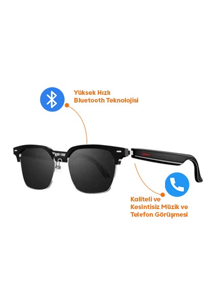 E13-06 Siyah Kablosuz Bluetooth Uyumlu Akıllı Gözlük