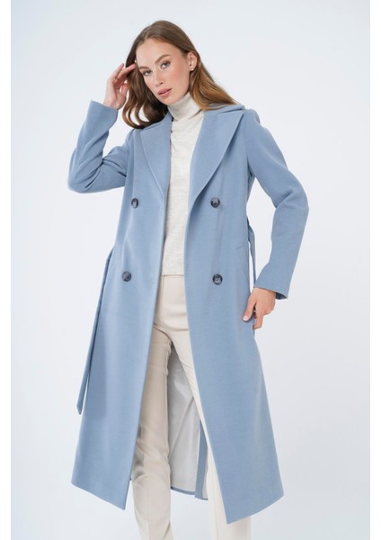 Kruvaze Belden Bağlamalı Ara Boy Kaban Mavi 3754