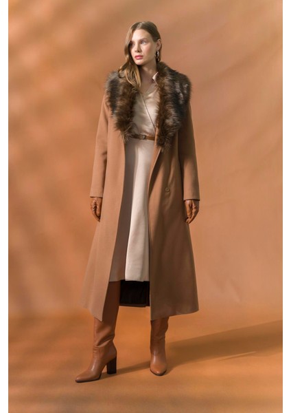 Kadın Uzun Kaban Taba Renkli Dokuma Kalın Siluete Sahip 2024 Sonbahar Kış Modası