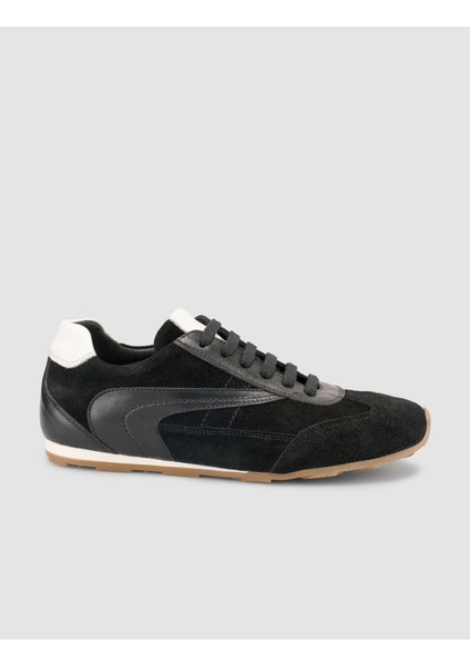 %100 Hakiki Deri Siyah Süet Bağcıklı Kadın Sneaker