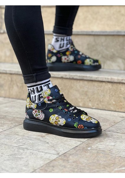 J501 Bağcıklı Kurukafa Baskılı Ortopedik Taban Erkek Sneaker Günlük Ayakkabı St Siyah modelleri