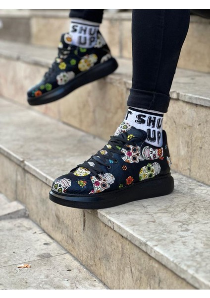 J501 Bağcıklı Kurukafa Baskılı Ortopedik Taban Erkek Sneaker Günlük Ayakkabı St Siyah fırsatları