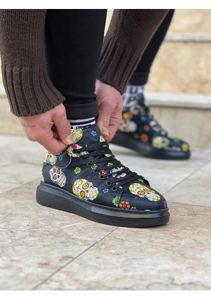 J501 Bağcıklı Kurukafa Baskılı Ortopedik Taban Erkek Sneaker Günlük Ayakkabı St Siyah indirimleri