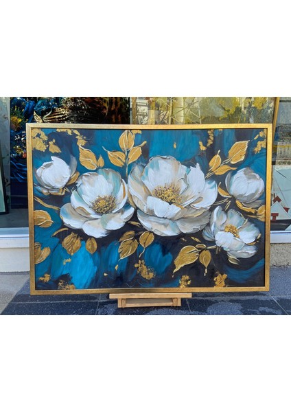 Yağlı Boya Dokulu Tablo Koyu Fonda Beyaz Altın Çiçekler U02059 fiyatları