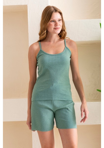 İp Askılı Şortlu Kaşkorse Kadın Pijama Takımı Pamuk Karışımlı Kumaş Çağla - 6015 fiyatları