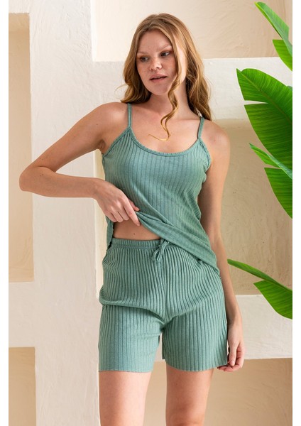 İp Askılı Şortlu Kaşkorse Kadın Pijama Takımı Pamuk Karışımlı Kumaş Çağla - 6015 indirimleri
