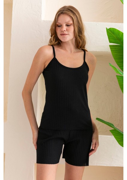 İp Askılı Şortlu Kaşkorse Kadın Pijama Takımı Pamuk Karışımlı Kumaş Siyah - 6015