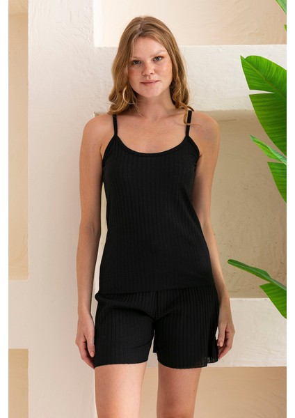 İp Askılı Şortlu Kaşkorse Kadın Pijama Takımı Pamuk Karışımlı Kumaş Siyah - 6015