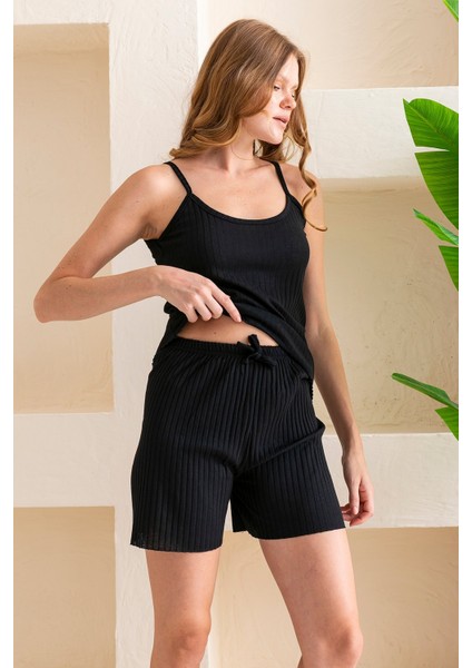 İp Askılı Şortlu Kaşkorse Kadın Pijama Takımı Pamuk Karışımlı Kumaş Siyah - 6015