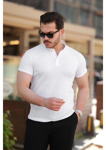 Erkek Hakim Yaka Dokuma Pamuklu Kumaş Kısa Kollu T-Shirt