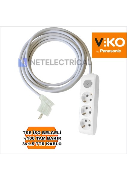 Multi-Let | Üçlü 6 Metre Anahtarlı Topraklı Yan Fişli Çocuk Korumalı Grup Priz - 3'lü, 6 M, 3x1.5 Ttr (Tam Bakır) Kablolu