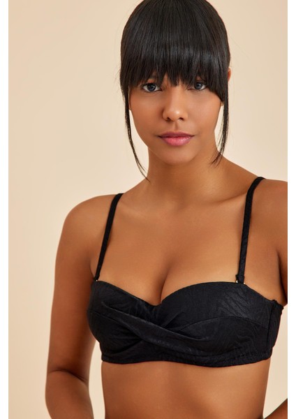Bali Siyah Balenli Dolgulu Straplez Push-Up Bikini Üst