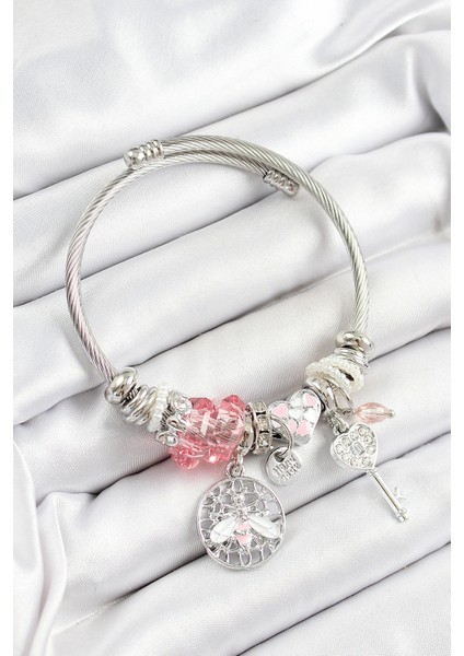 316L Çelik Pembe Zirkon Taşlı Baykuş Arı ve Anahtar Model Gümüş Renk Charm Bileklik - Şık Tasarım