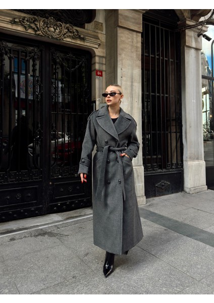 Düşük Kol Apolet Detaylı Kruvaze Oversize Kaban Koyu Gri 3062 modelleri