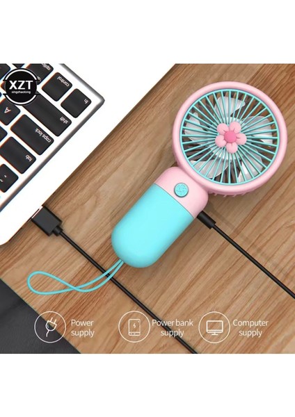 Mini USB El Fanı, Taşınabilir ve Desenli Çiçekli Mavi Vantilatör